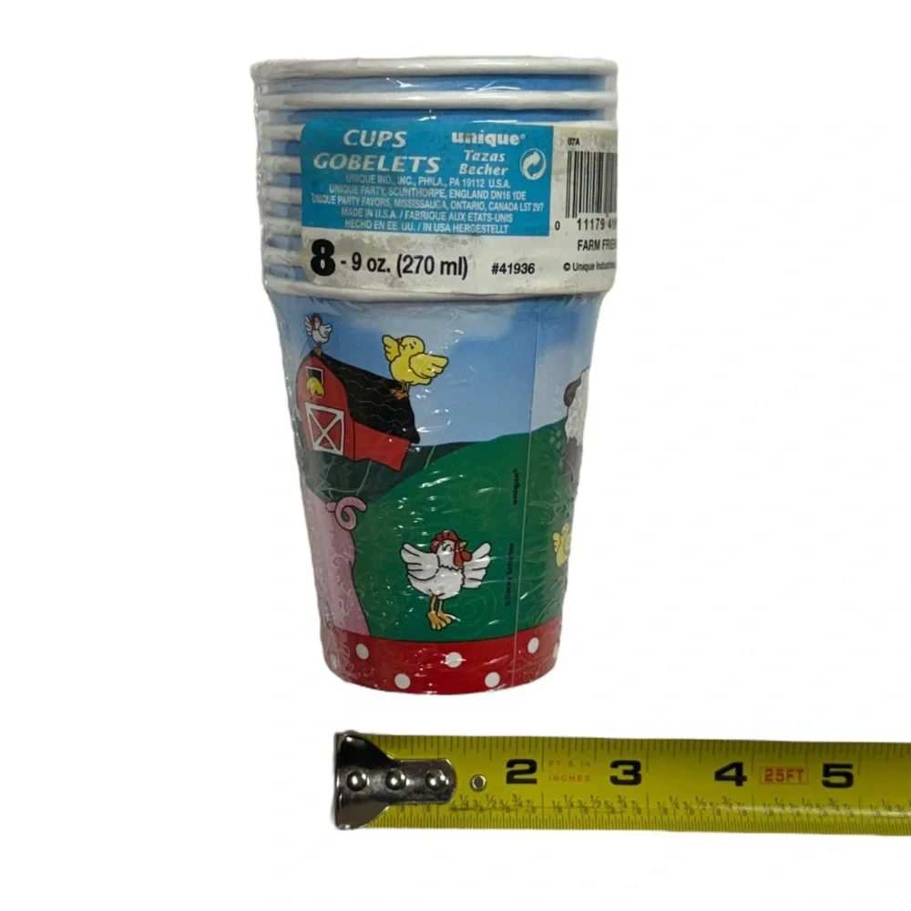 Unique brand 3 sets of 8 cute farm themed cups, 24 total brand new in package!